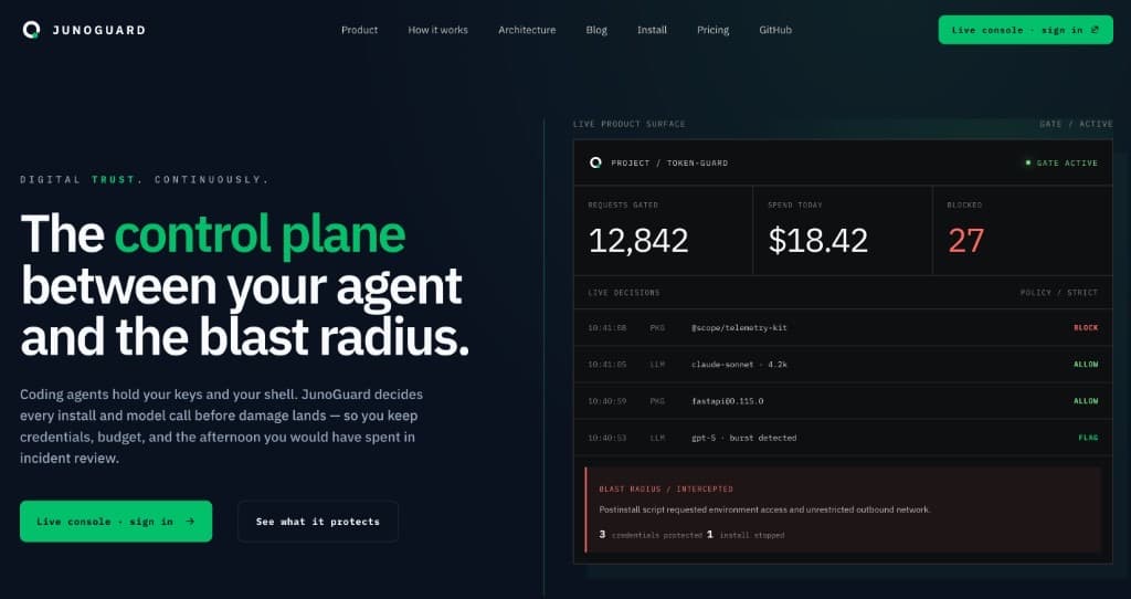 JunoGuard live console for AI coding agent security