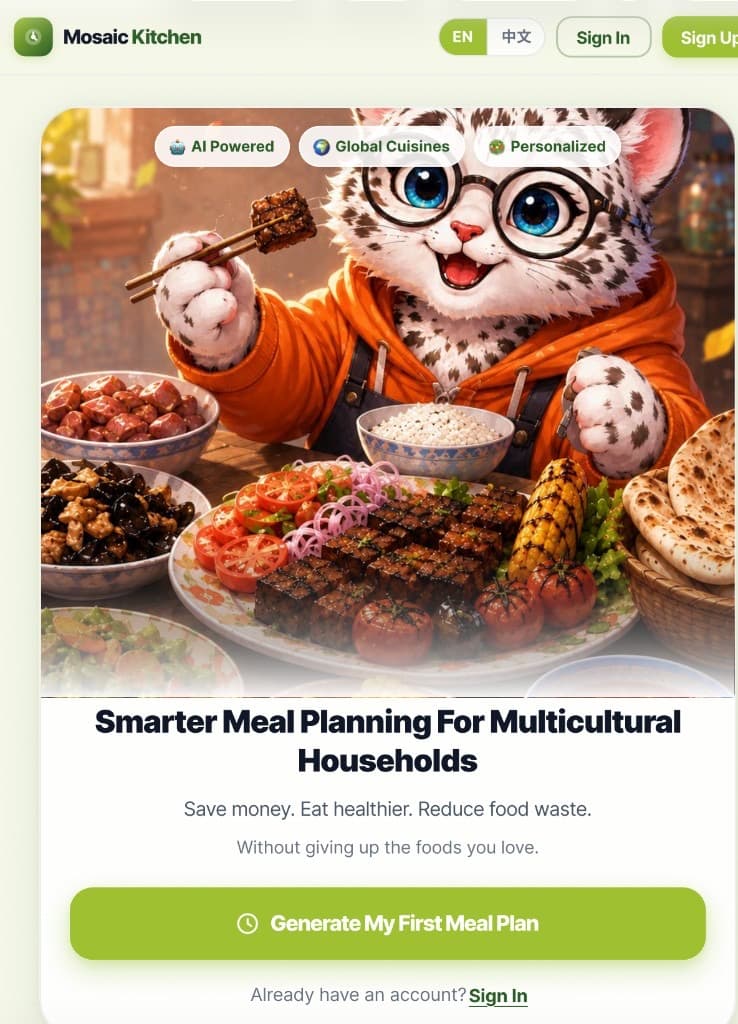 Mosaic Kitchen mascot with a multicultural meal spread