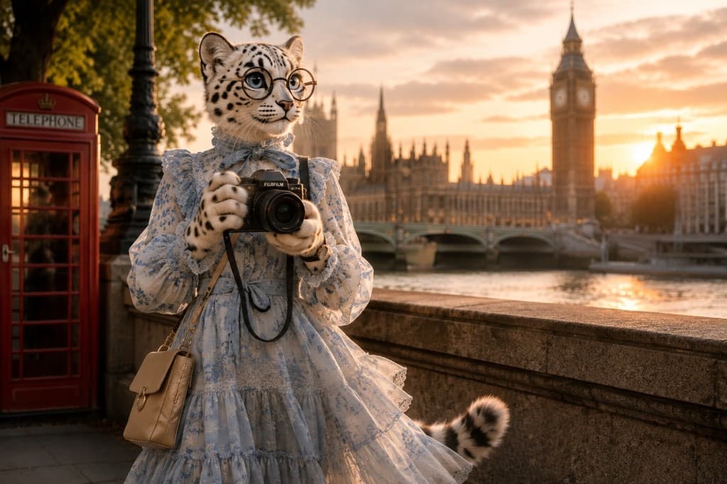 Snow leopard photographer with Fujifilm X-T4 by the Thames near Big Ben