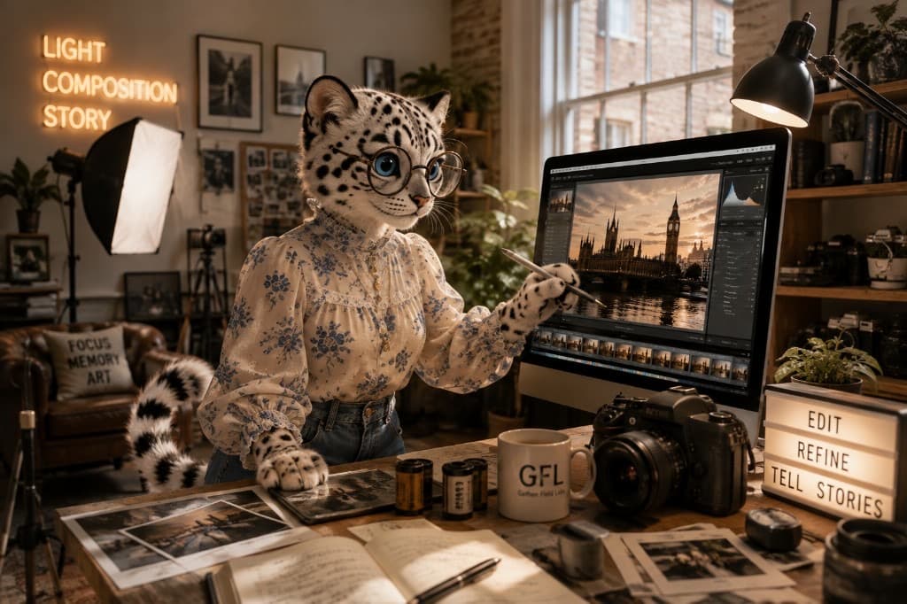 Snow leopard photographer editing London photos in a warm creative studio