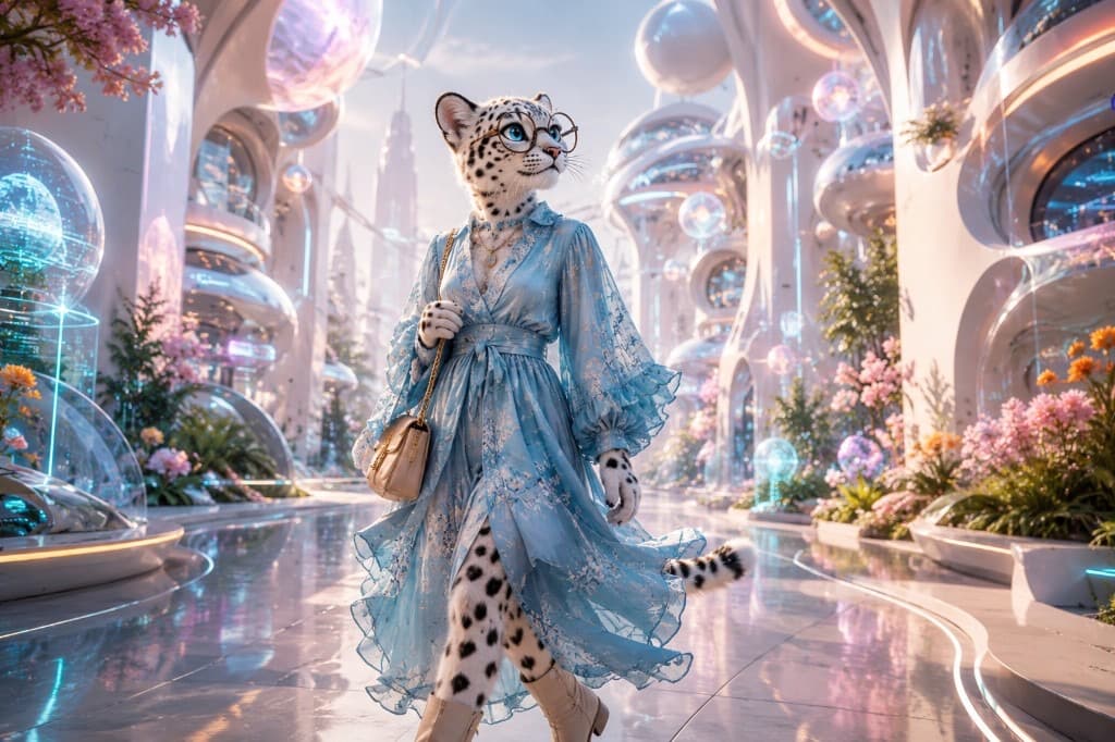 Gethen Field Labs snow leopard mascot walking through a bright, human-centered future city