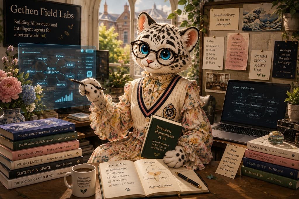 Snow leopard researcher surrounded by books and human-centered AI diagrams